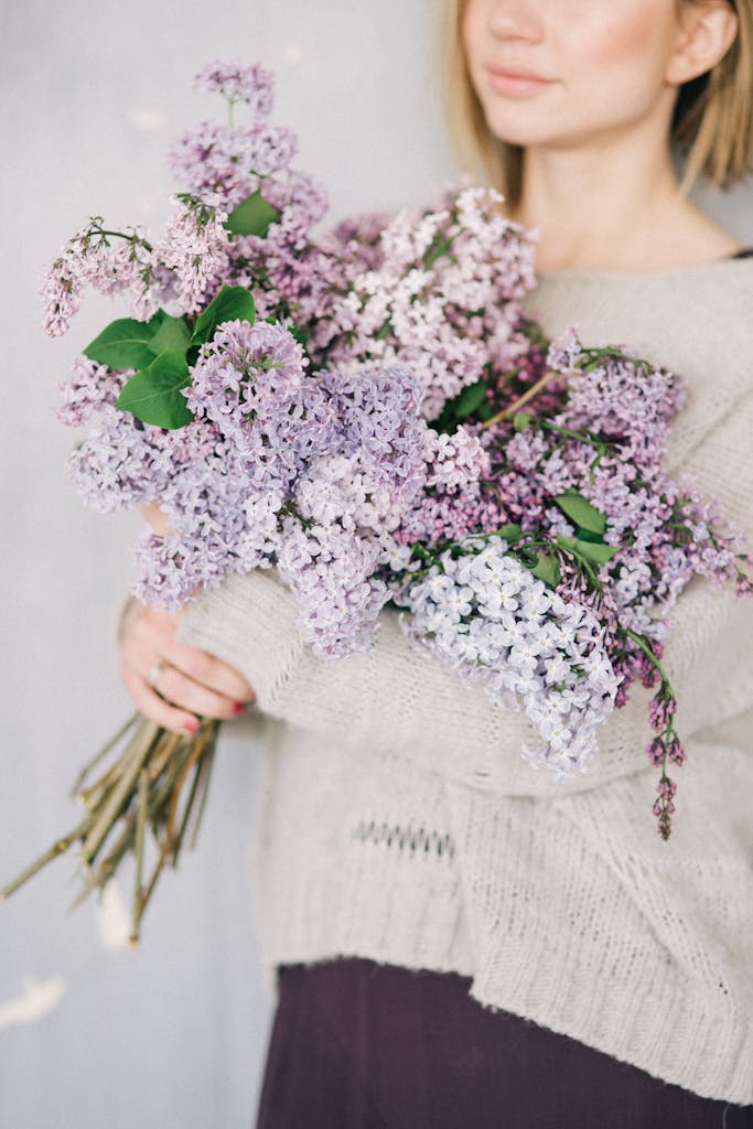 A close-up of a woman in a sweater holding a large bouquet of purple lilacs.